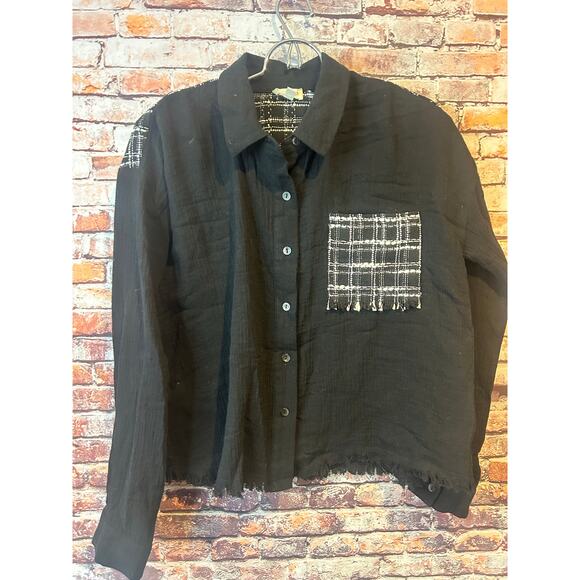 Hem and thread gauze button up black white long sleeve top women's small NEW - Picture 1 of 6